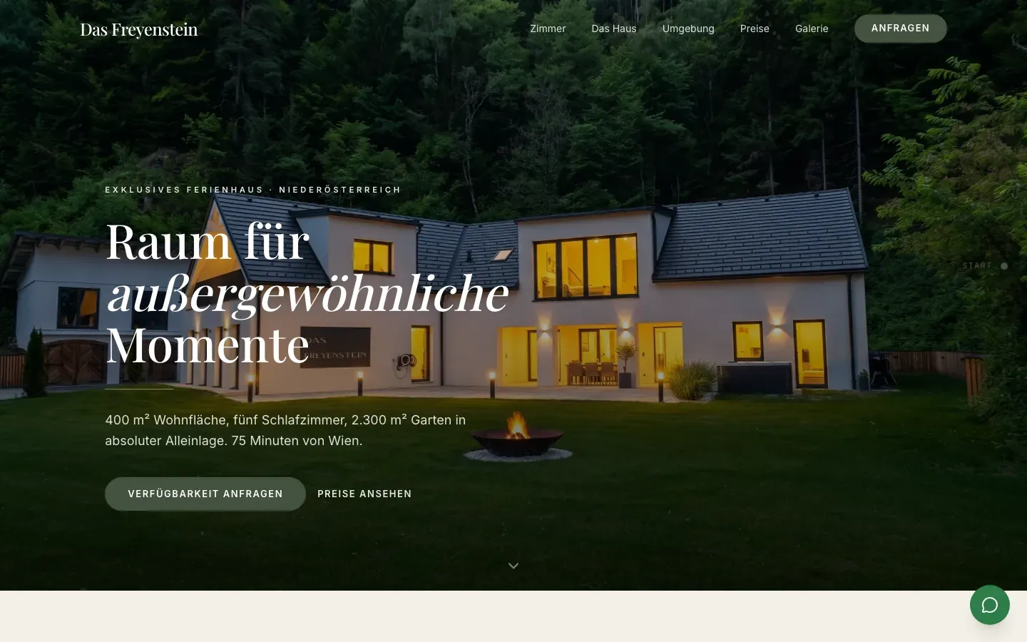 Startseite von das-freyenstein.at, Website für ein Ferienhaus und eine Eventlocation